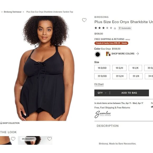 Birdsong Plus Size 20W Black Eco Onyx Sharkbite Underwire Tankini Swim Top Solid - Picture 2 of 13